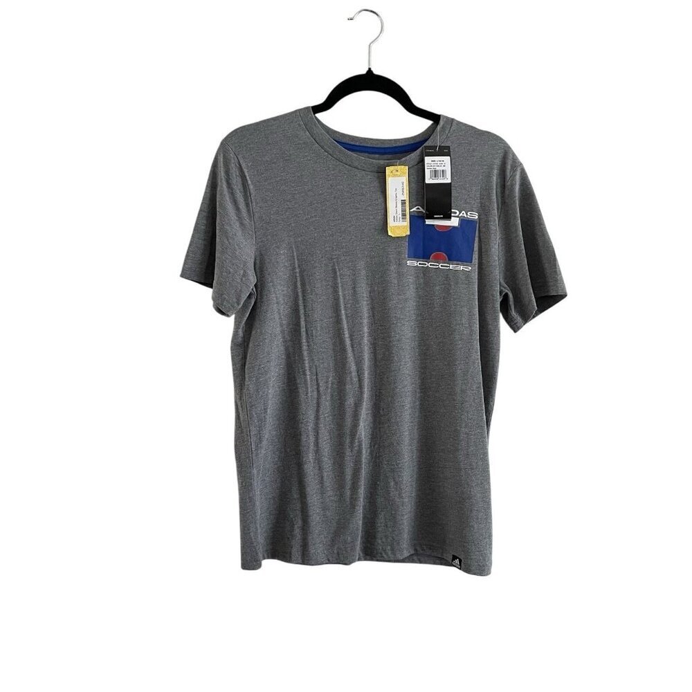 Adidas Soccer Boys L 14/16 Gray W/Blue Front/Back Graphic Short Sleeve Tee NWT